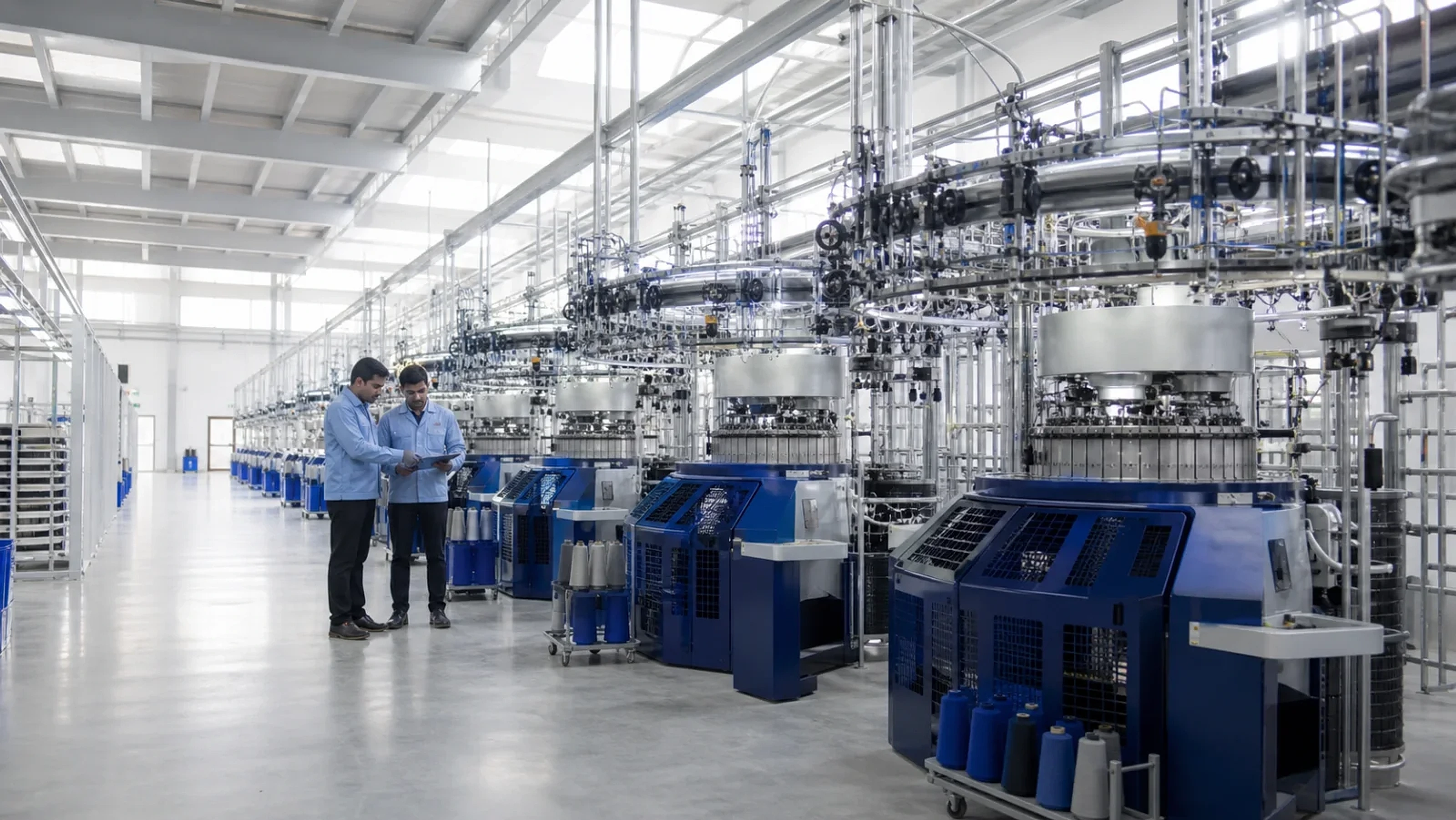 Plant supervisors and engineers reviewing production specifications along the circular knitting machine floor
