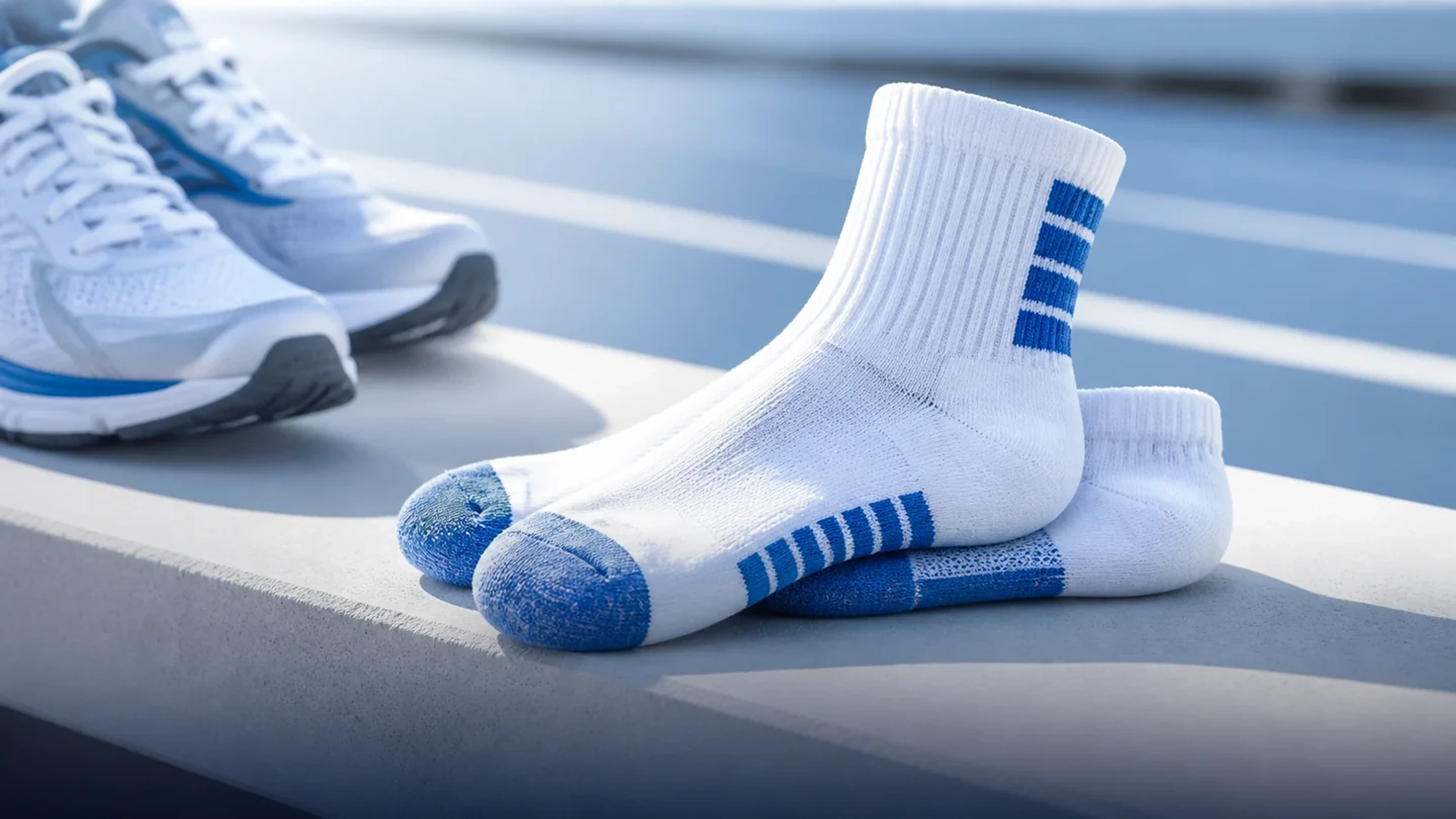 White and blue sports socks arranged beside athletic footwear